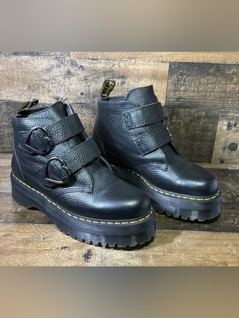 DR. MARTENS DEVON HEART Black Milled Nappa Platform Ankle Boots Women's Size 10